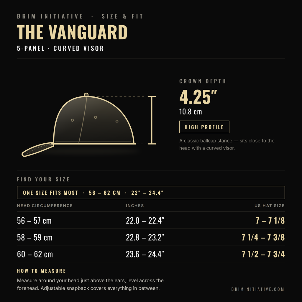 The Vanguard size and fit guide — one size fits most, 56 to 62 cm, 4.25 inch crown depth, 5-panel curved visor